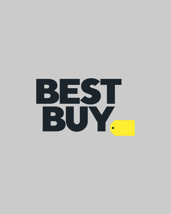 Best Buy logo with a yellow tag on a gray background