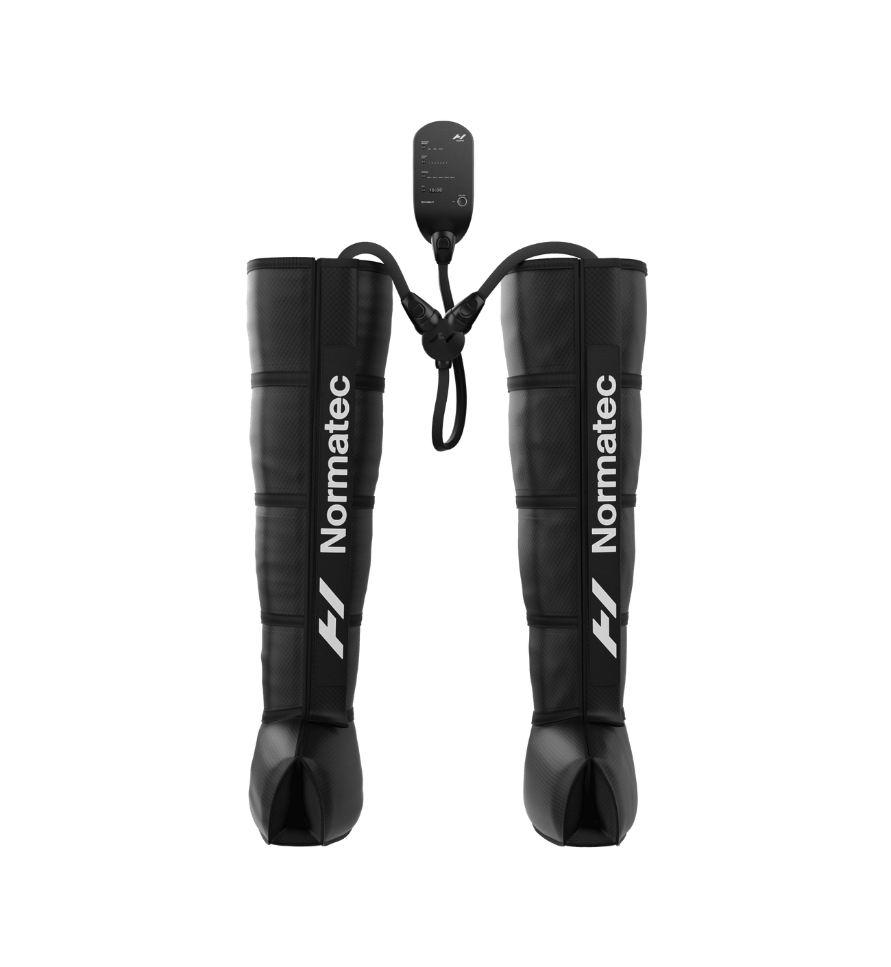 Black Normatec 3 legs compression boots on a transparent background