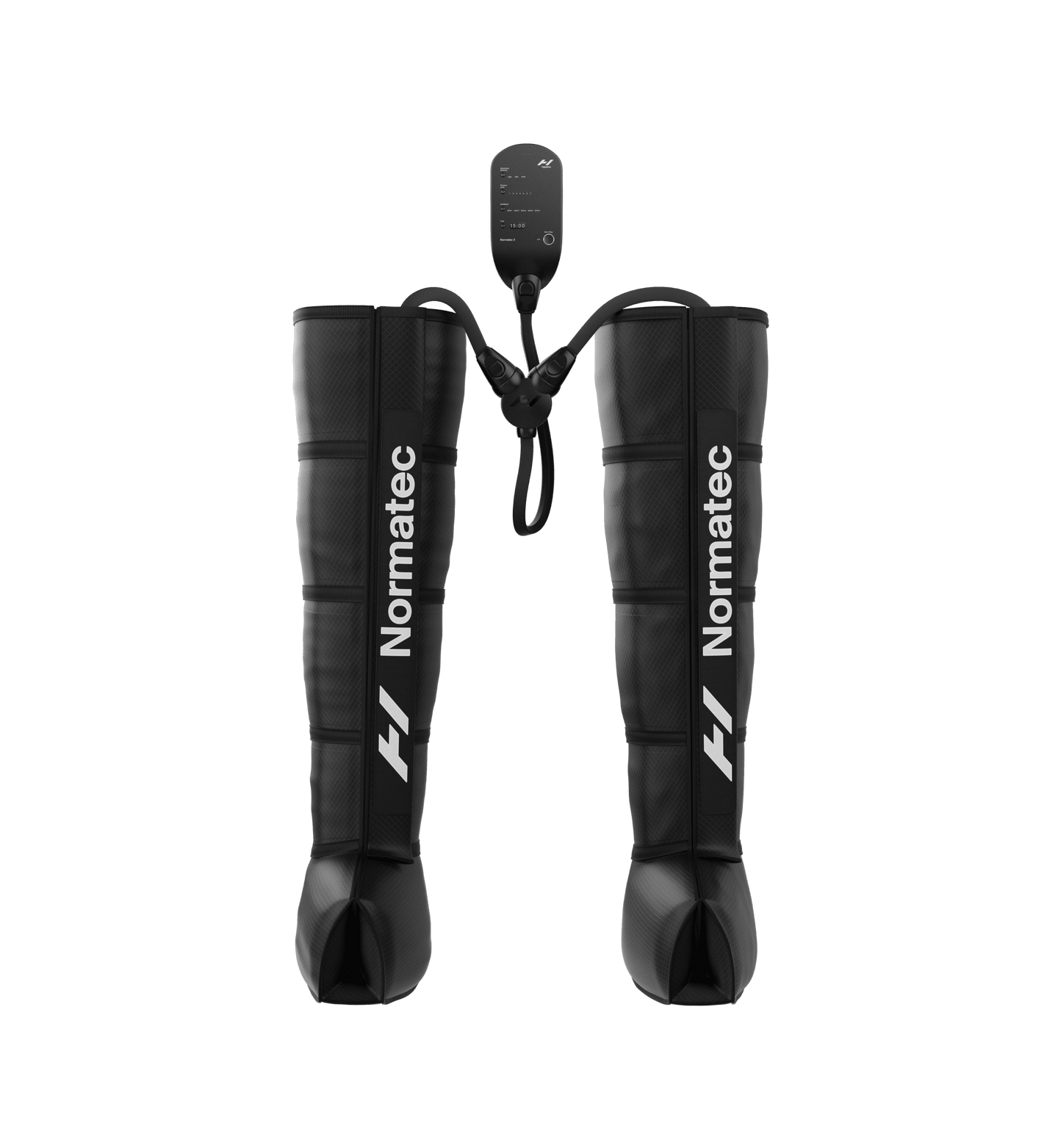 Black Normatec 3 legs compression boots on a transparent background